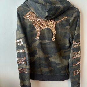 Victoria’s Secret Pink Green Camouflage Sequin Bling Dog Hoodie S